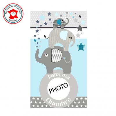 Plaque de porte pour chambre enfant, thème éléphants, tons bleu gris,avec photo à insérer
