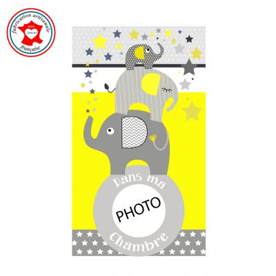 Plaque de porte pour chambre enfant, thème éléphants, tons jaune gris,avec photo à insérer
