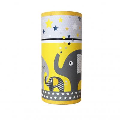 Lampe de chevet tube, motif famille éléphants, tons jaune et gris