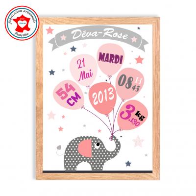 Tableau naissance fille, thème éléphant, tableau à personnaliser, cadeau de naissance, décoration chambre fille rose et gris