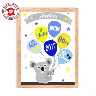 Tableau naissance garçon, thème koala, tableau à personnaliser, cadeau de naissance, décoration chambre garçon bleu et jaune