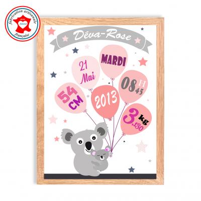 Tableau naissance fille, thème koala, tableau à personnaliser, cadeau de naissance, décoration chambre fille rose et gris