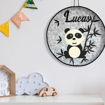 Tableau personnalisé, décoration murale prénom enfant, panda noir et blanc.